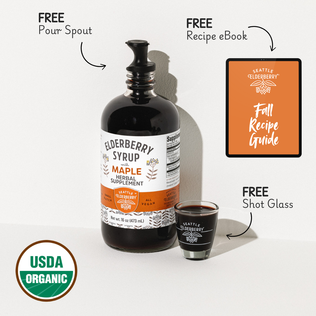 Fall Immunity Bundle - 16oz Organic Elderberry Syrup, Shot Glass, Easy-Pour Spout & Fall Recipe eBook