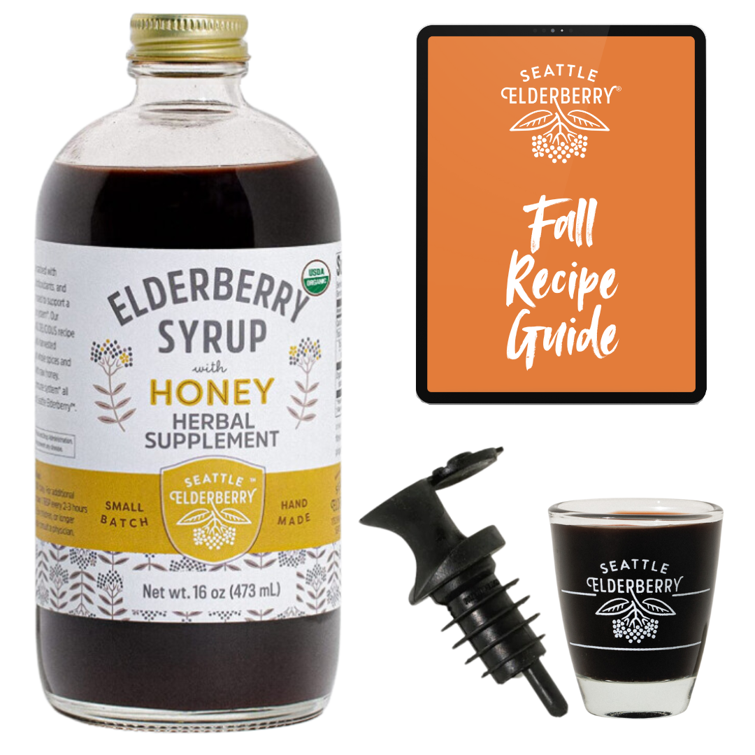 Limited Edition Fall Immunity Bundle - 16oz Organic Elderberry Syrup, Shot Glass, Easy-Pour Spout & Fall Recipe eBook