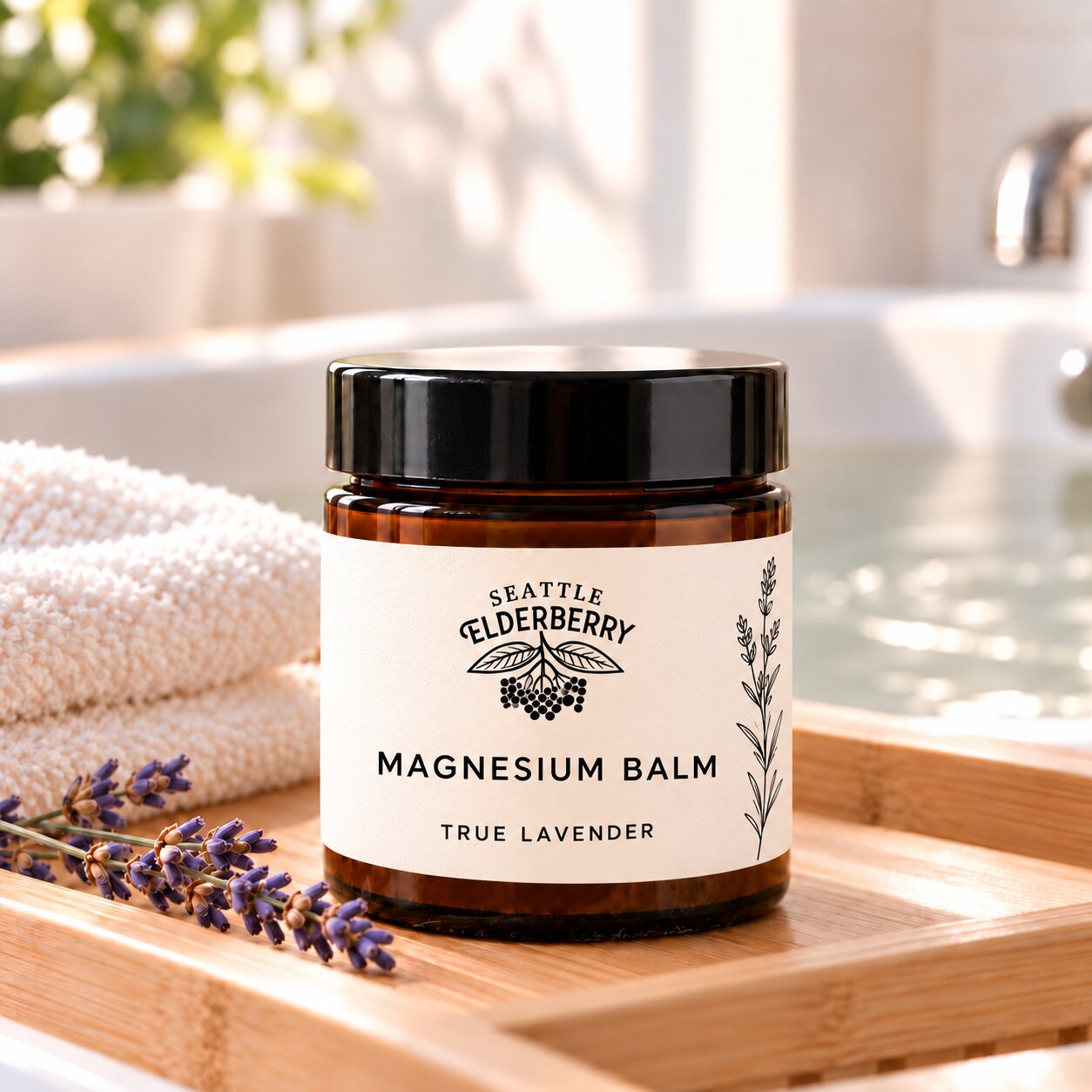 Goodnight Magnesium Balm beside a warm evening bath scene (concept render)