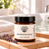 Goodnight Magnesium Balm beside a warm evening bath scene (concept render)